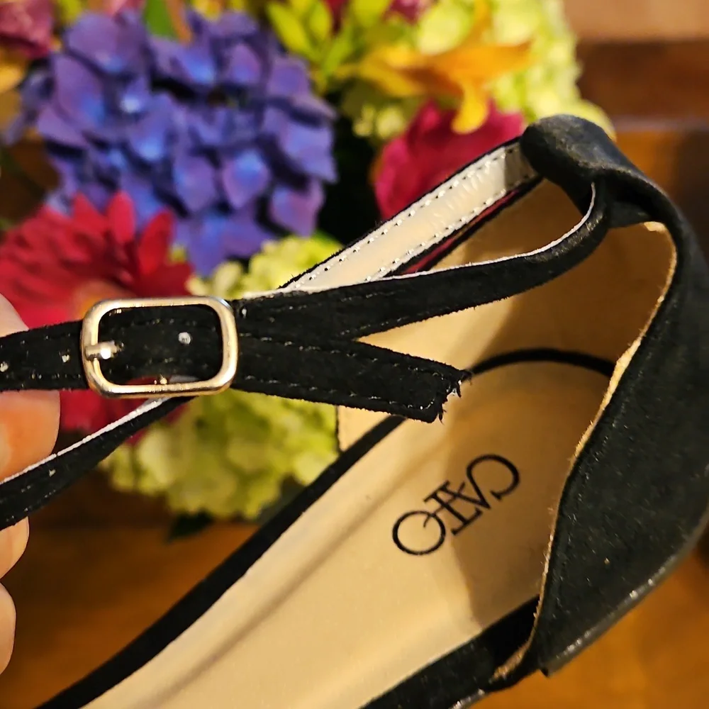 Cato Stappy Sandal w/ Cream Jewel Accents Black side buckle suede heel - Picture 5 of 5